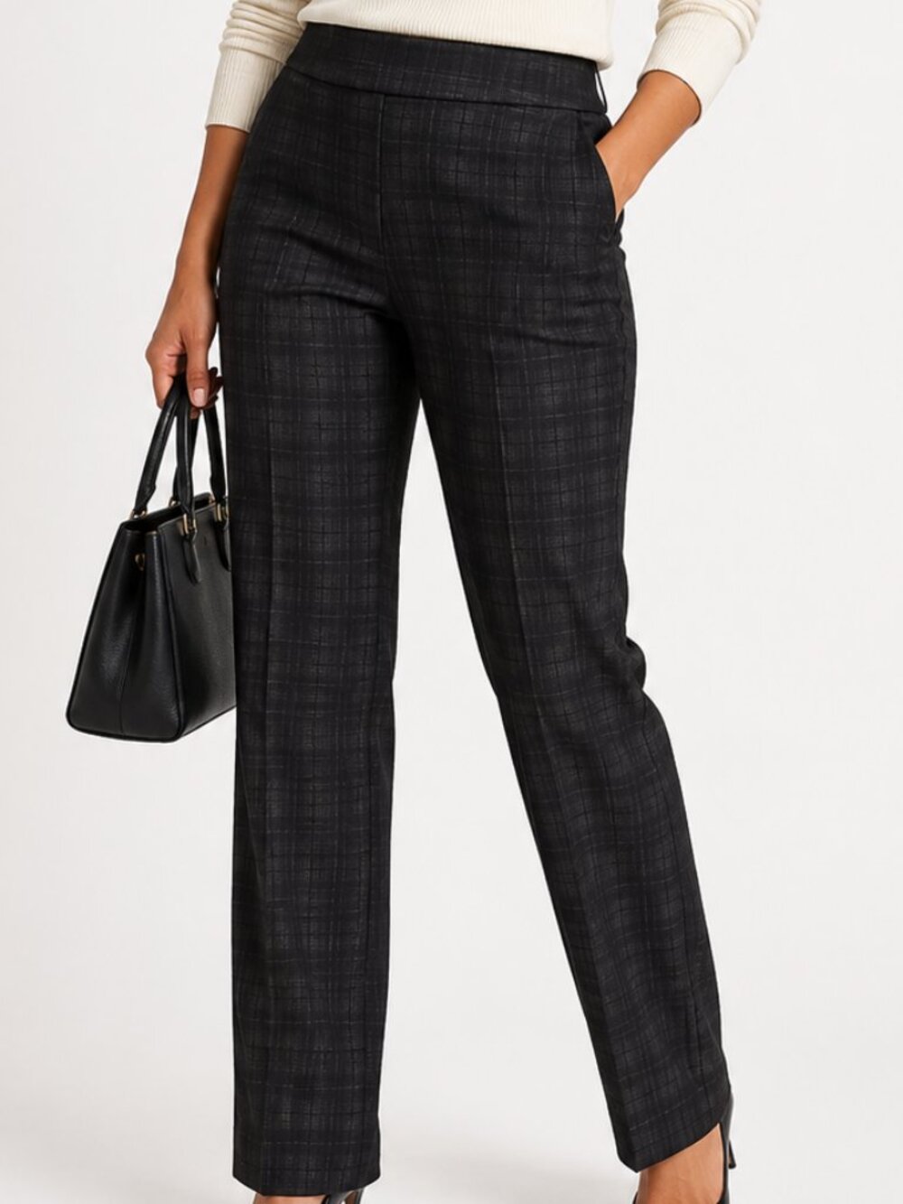 Dalia Plaid Pull-On Career Pants Small Black Gray Stretch Office Trousers